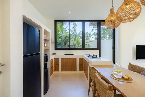Kitchen with timber cabinets and a window onto greenery