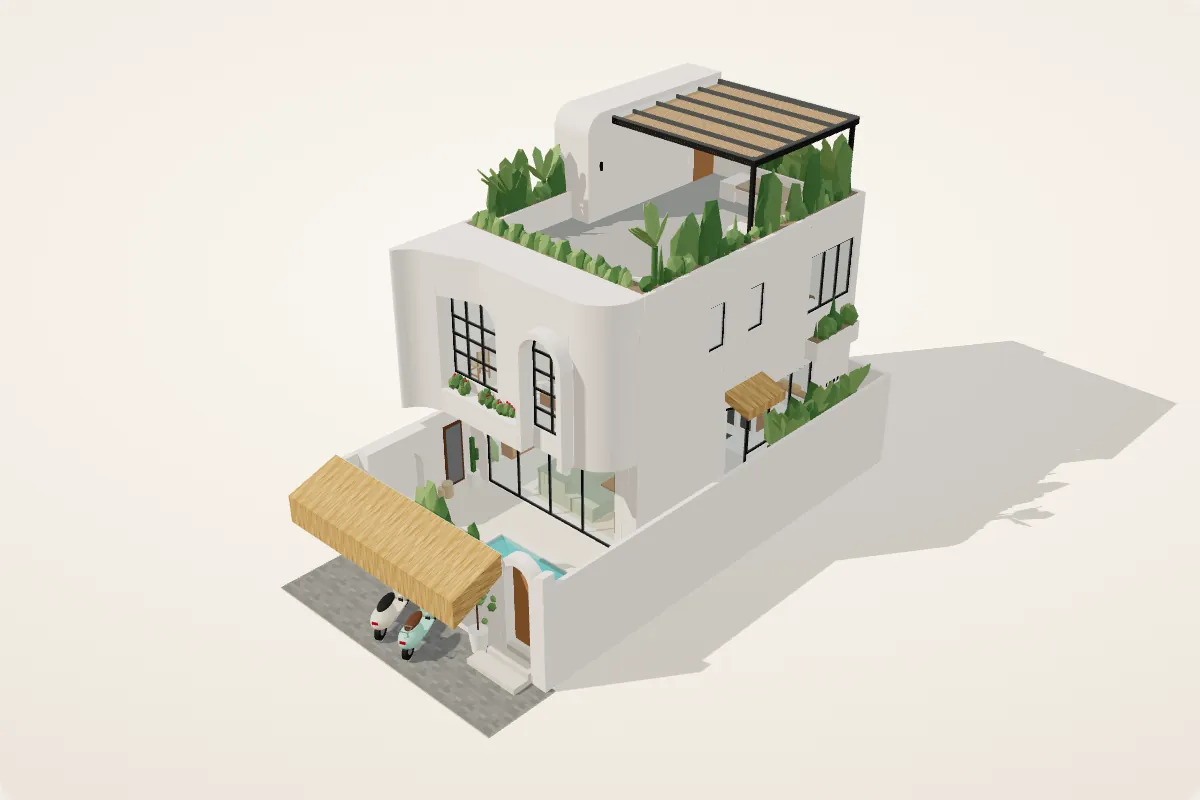 3D model of the two-bedroom villa with rooftop terrace, pergola and pool