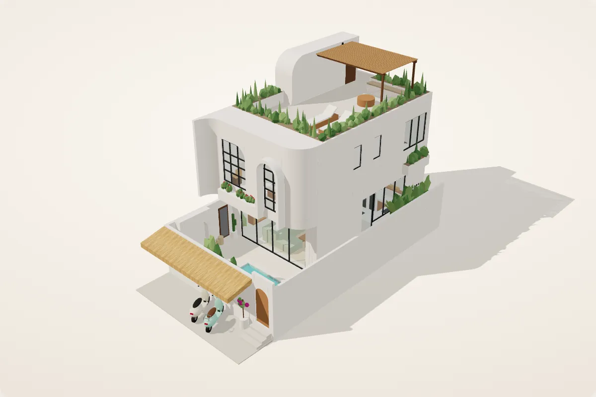 3D model of the two-bedroom villa with rooftop terrace, pergola and pool